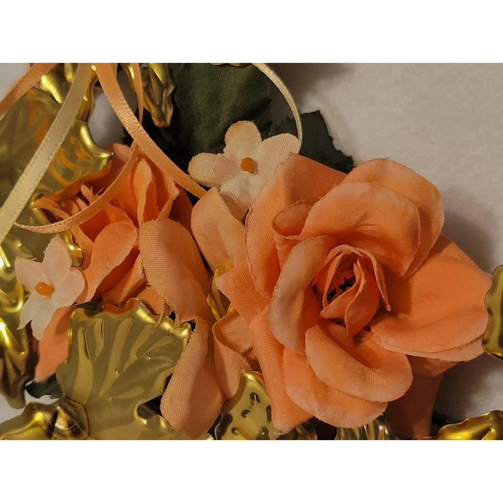 Vtg retro 80s Floral Wreath‎ Unisex OS Peach Gold Shabby Chic Heart Wall Decor